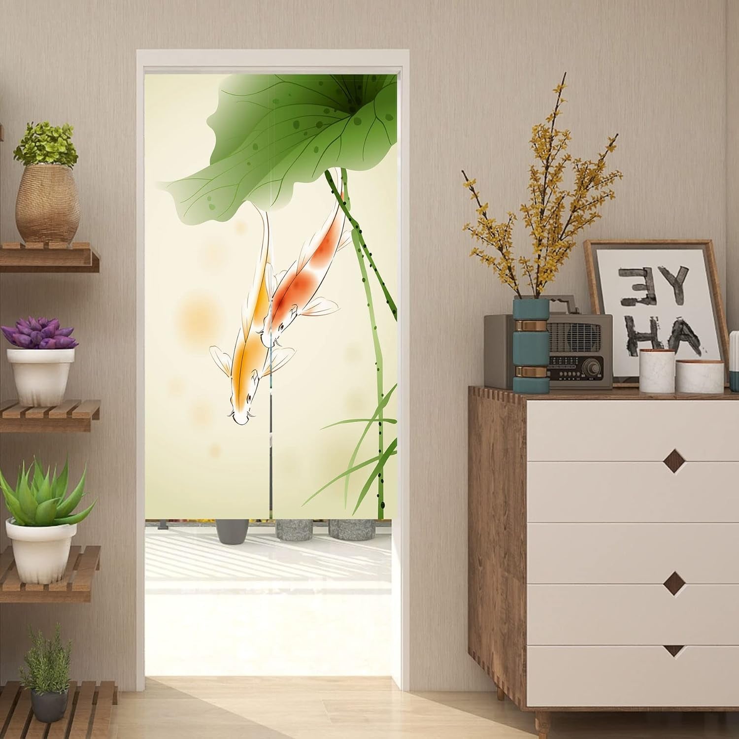Japansk stil gobelin, tykt norenlinned, langt lotushus - Tilbehør og dekorationer Naty Shop