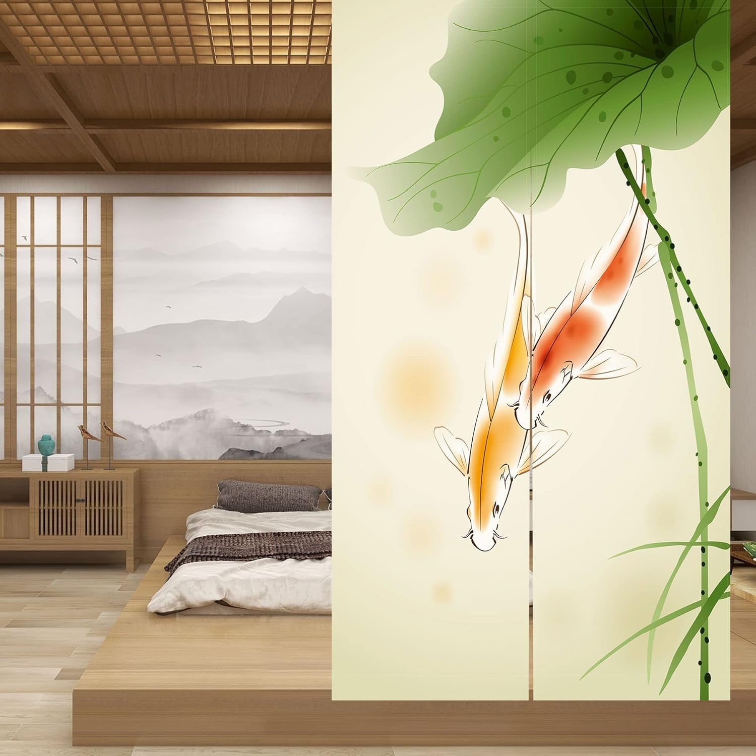 Japansk stil gobelin, tykt norenlinned, langt lotushus - Tilbehør og dekorationer Naty Shop
