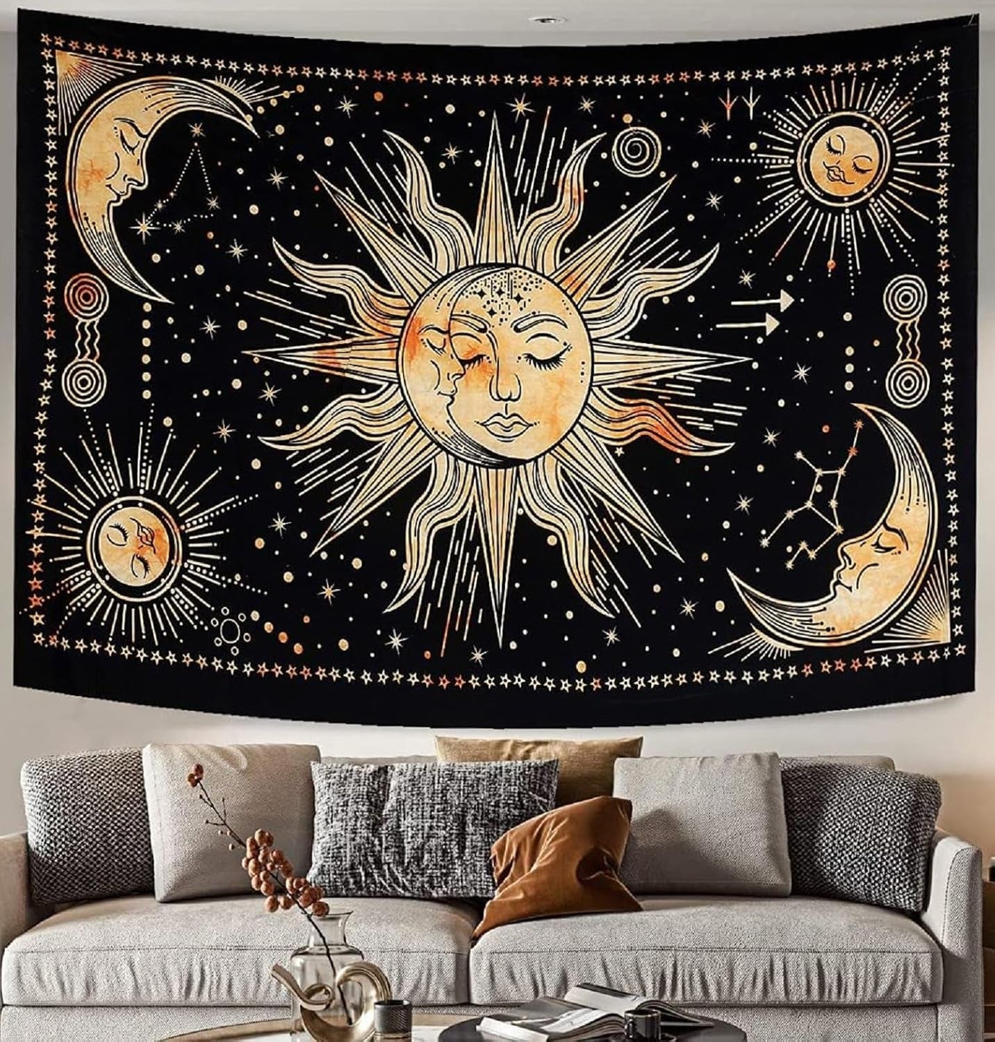 Tapestry sun moon star spirituel astetisk regnbue bomuld Hjem - Tilbehør og dekorationer Naty Shop Gul 210L X 140B Cm