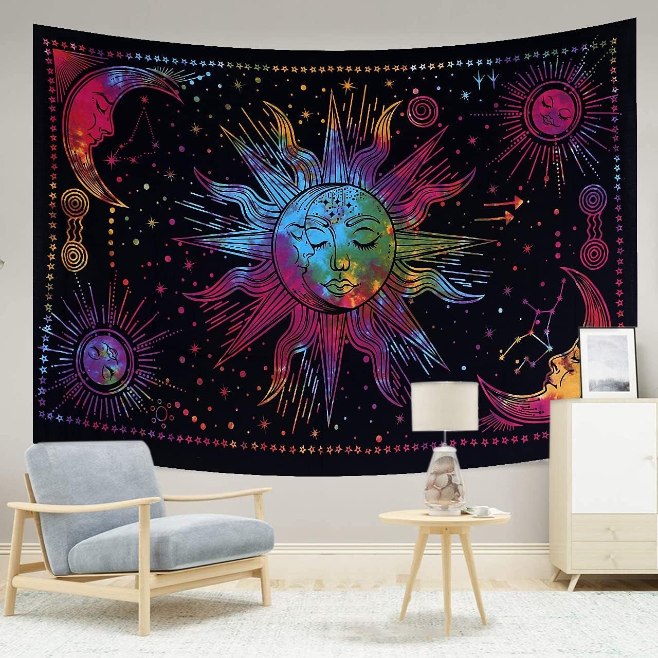Tapestry sun moon star spirituel astetisk regnbue bomuld Hjem - Tilbehør og dekorationer Naty Shop Rainbow 150L X 137B Cm