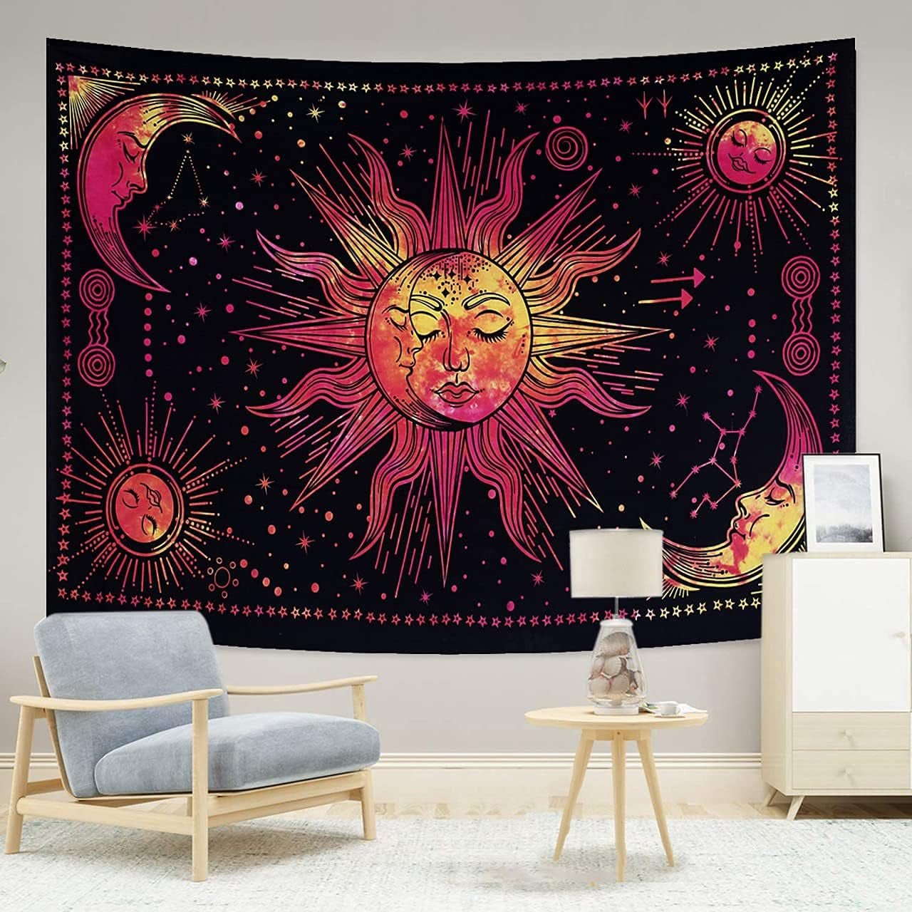 Tapestry sun moon star spirituel astetisk regnbue bomuld Hjem - Tilbehør og dekorationer Naty Shop Rød 210L X 140B Cm