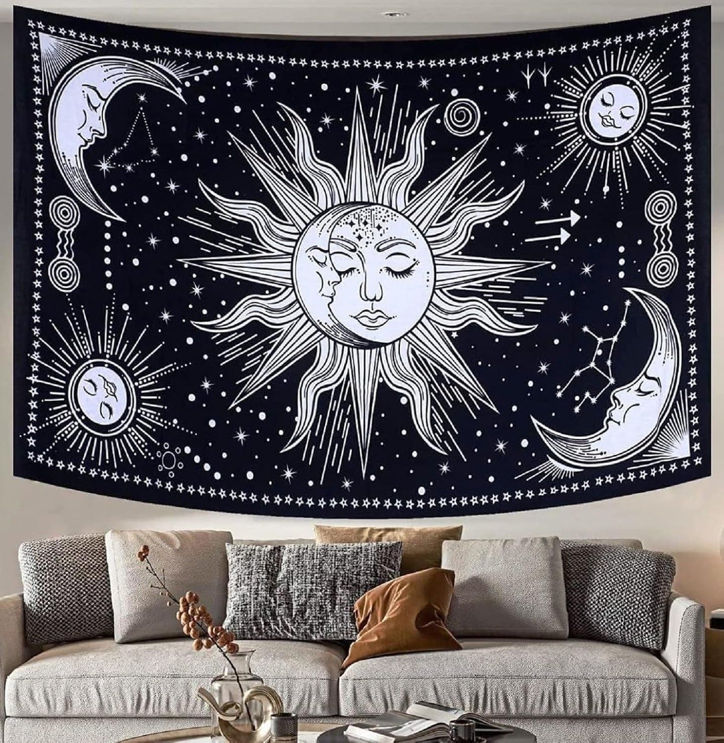 Tapestry sun moon star spirituel astetisk regnbue bomuld Hjem - Tilbehør og dekorationer Naty Shop Sort/hvid 102L X 77B Cm