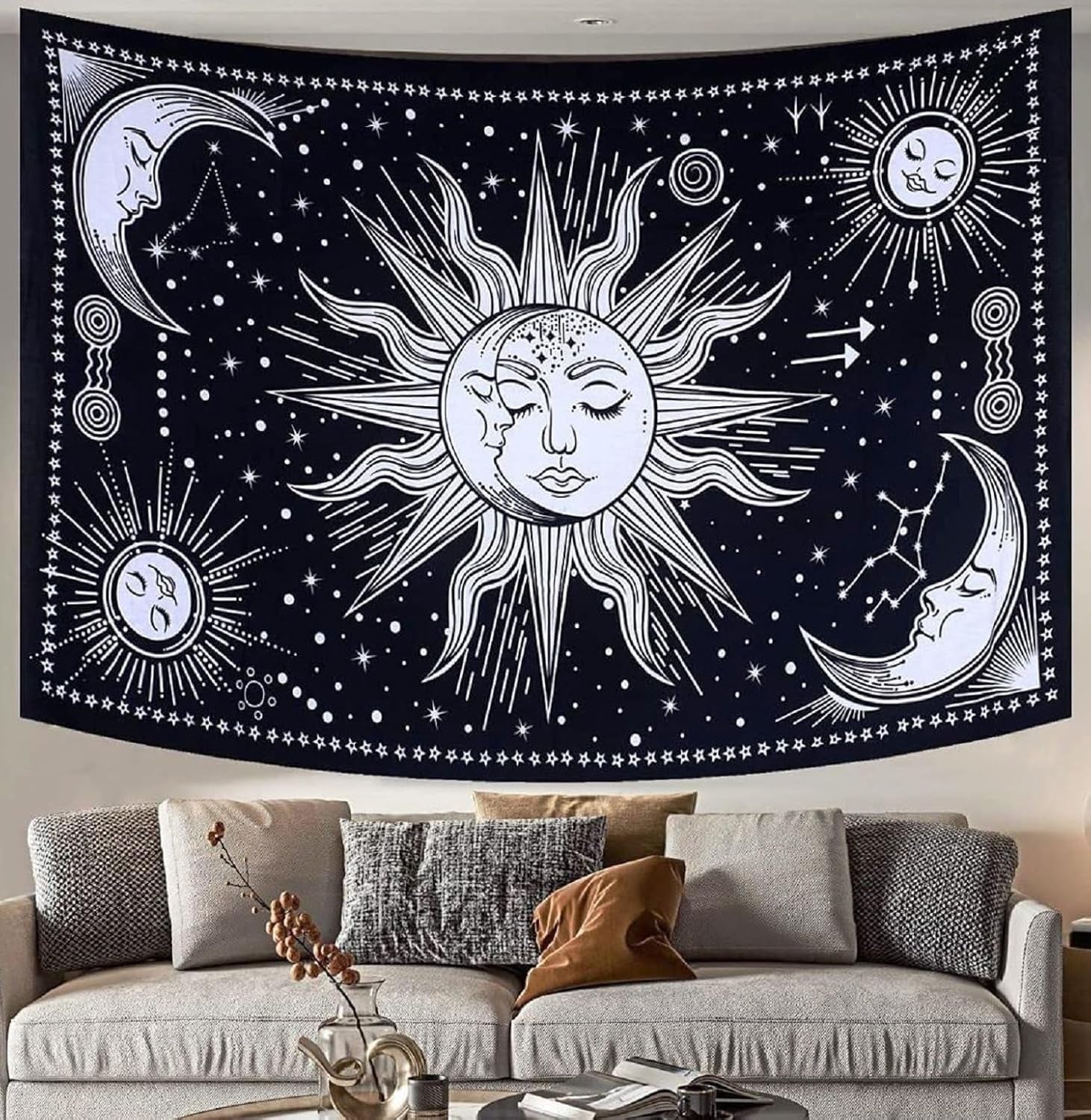 Tapestry sun moon star spirituel astetisk regnbue bomuld Hjem - Tilbehør og dekorationer Naty Shop Sort/hvid 102L X 77B Cm