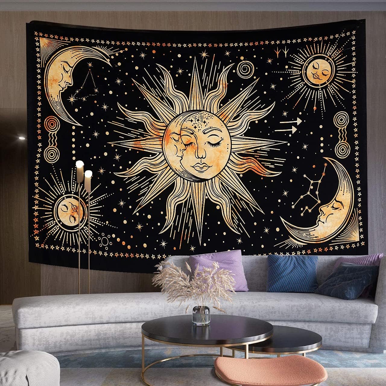 Tapestry sun moon star spirituel astetisk regnbue bomuld Hjem - Tilbehør og dekorationer Naty Shop Gul 102L X 77B Cm