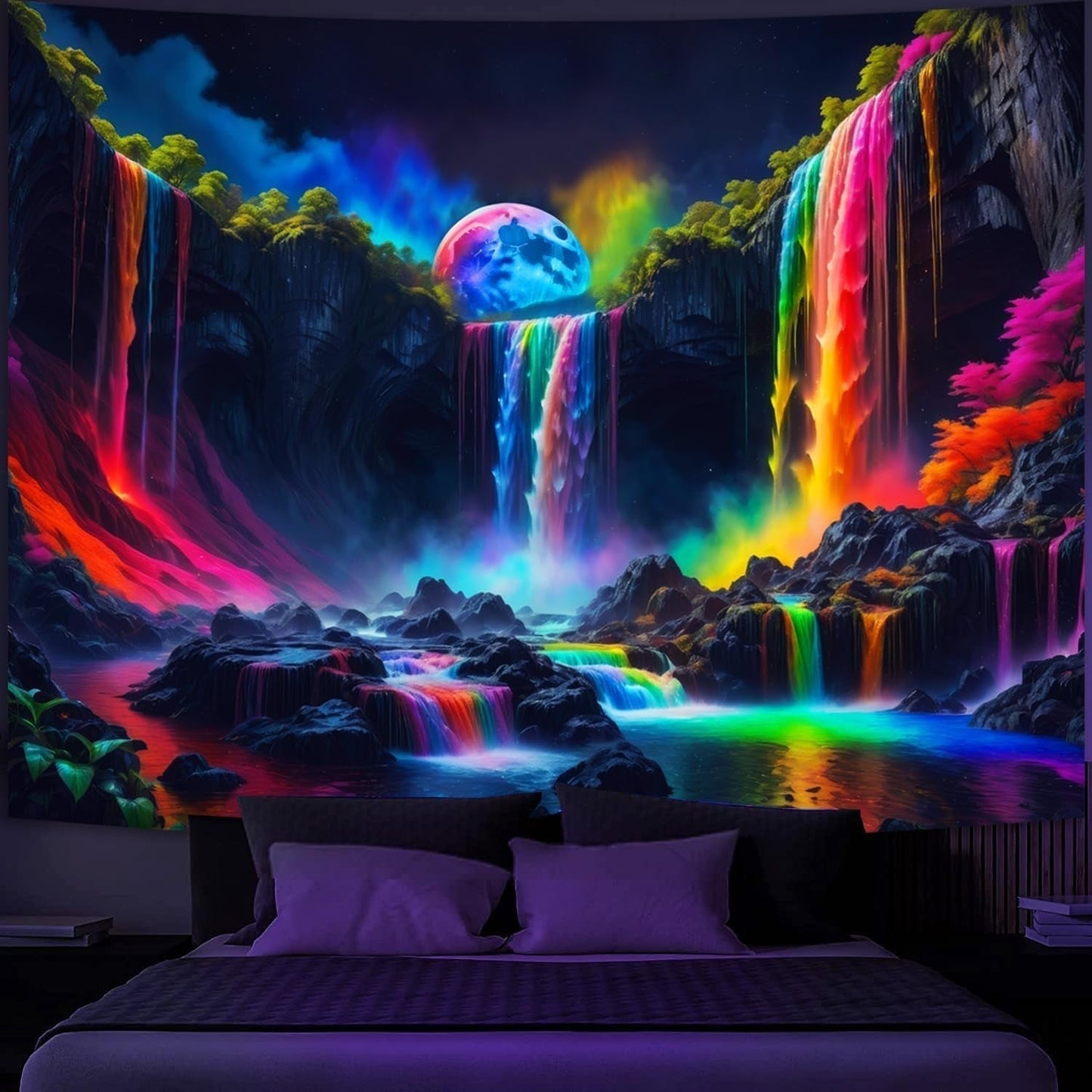 Tapestry gobelin planetarisk vandfald fantasi sort lys Hjem - Tilbehør og dekorationer Naty Shop 150L X 130B Cm