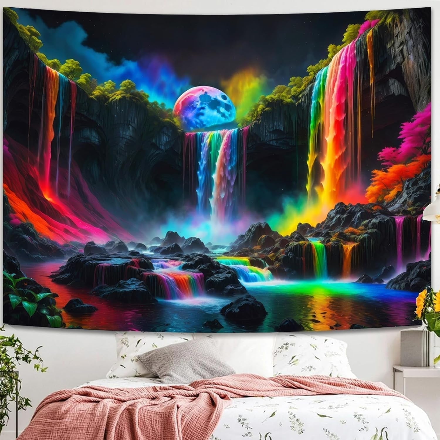Tapestry gobelin planetarisk vandfald fantasi sort lys Hjem - Tilbehør og dekorationer Naty Shop