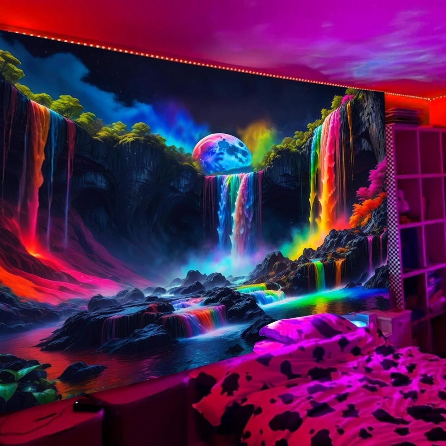 Tapestry gobelin planetarisk vandfald fantasi sort lys Hjem - Tilbehør og dekorationer Naty Shop 300L X 180B Cm