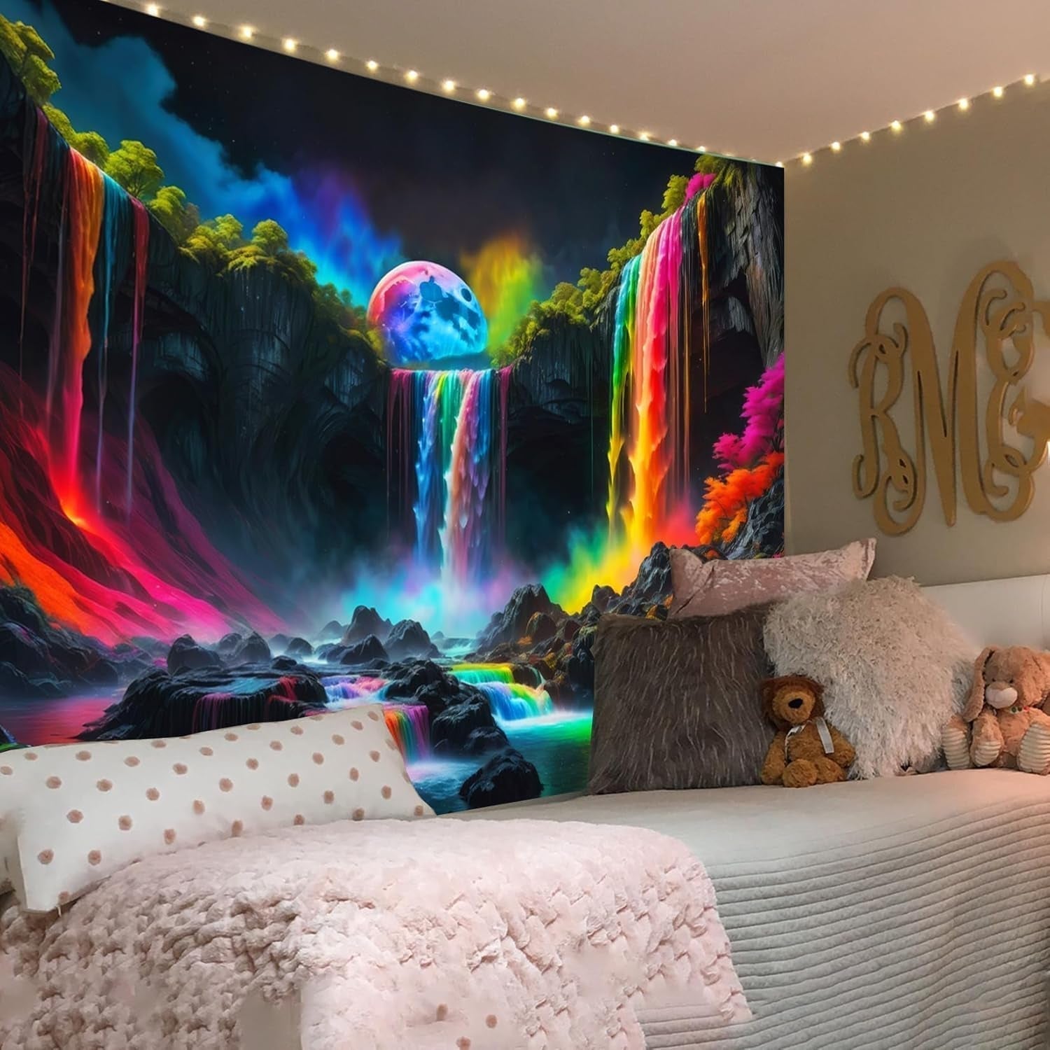 Tapestry gobelin planetarisk vandfald fantasi sort lys Hjem - Tilbehør og dekorationer Naty Shop