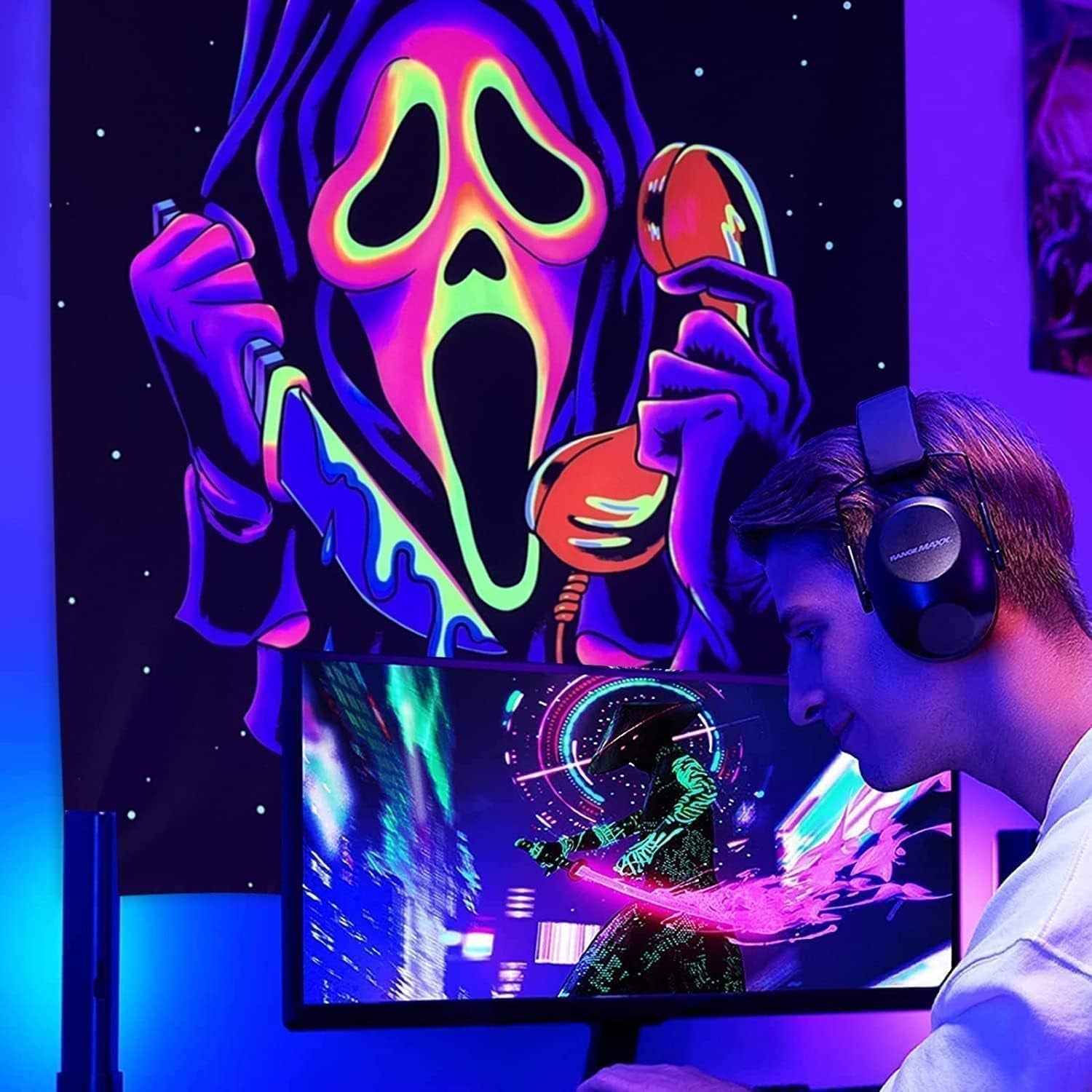 Tapestry gobelin horror face blacklight spøgelser reactive Home - Tilbehør og dekorationer Naty Shop
