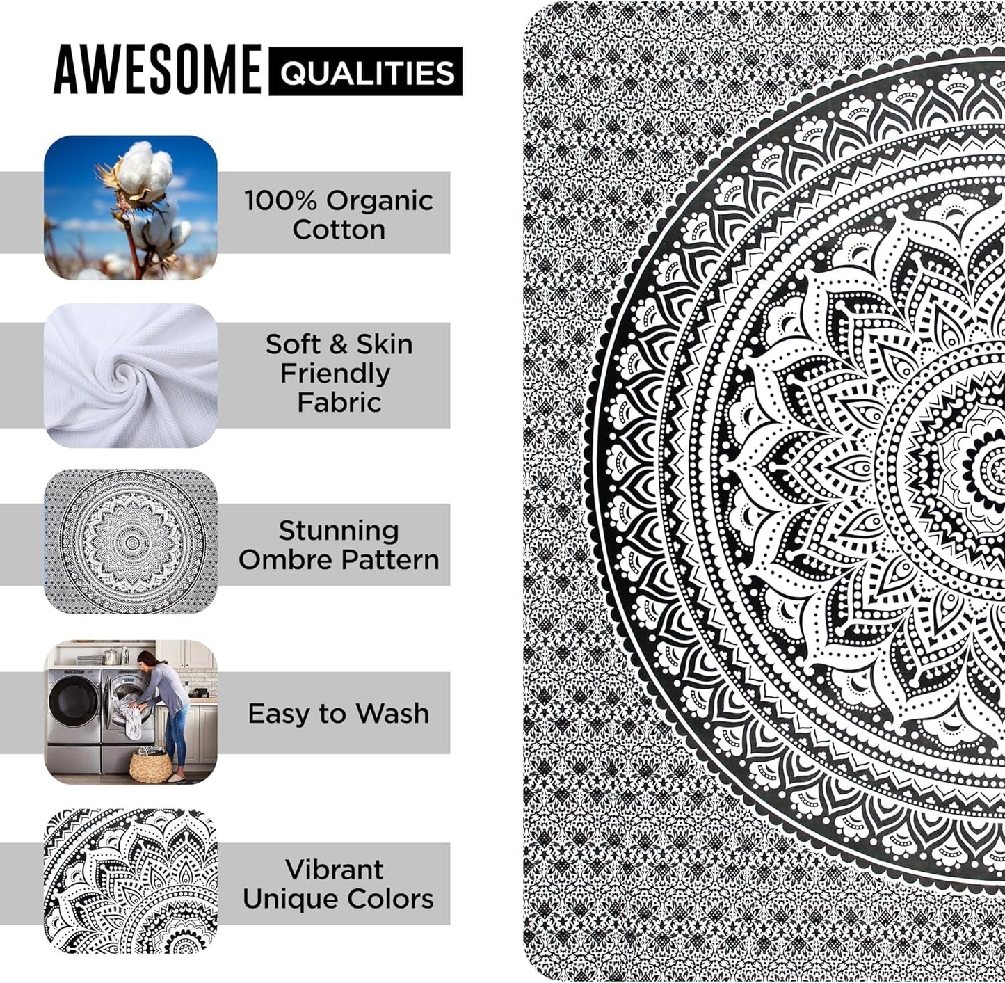 Tapestry gobelin mandala grå sort vægdug Hjem - Tilbehør og dekorationer Naty Shop