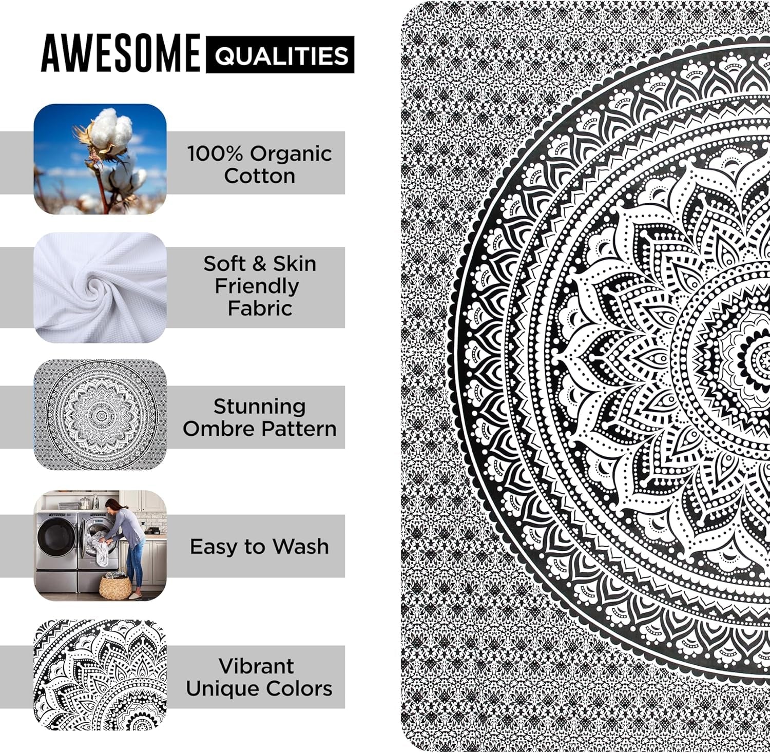 Tapestry gobelin mandala grå sort vægdug Hjem - Tilbehør og dekorationer Naty Shop