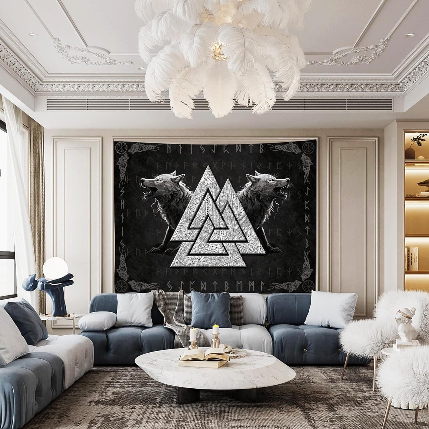 Tapestry viking ulv totem sort hvid meditationsruner Hjem - Tilbehør og dekorationer Naty Shop