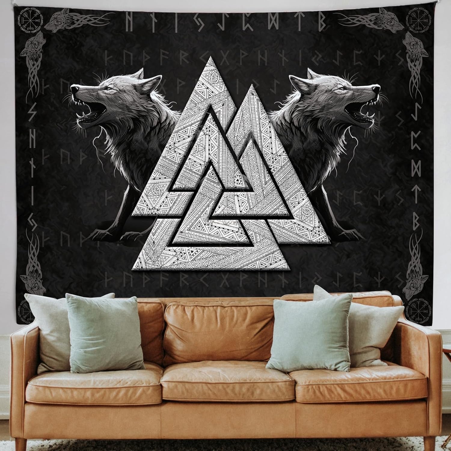 Tapestry viking ulv totem sort hvid meditationsruner Hjem - Tilbehør og dekorationer Naty Shop