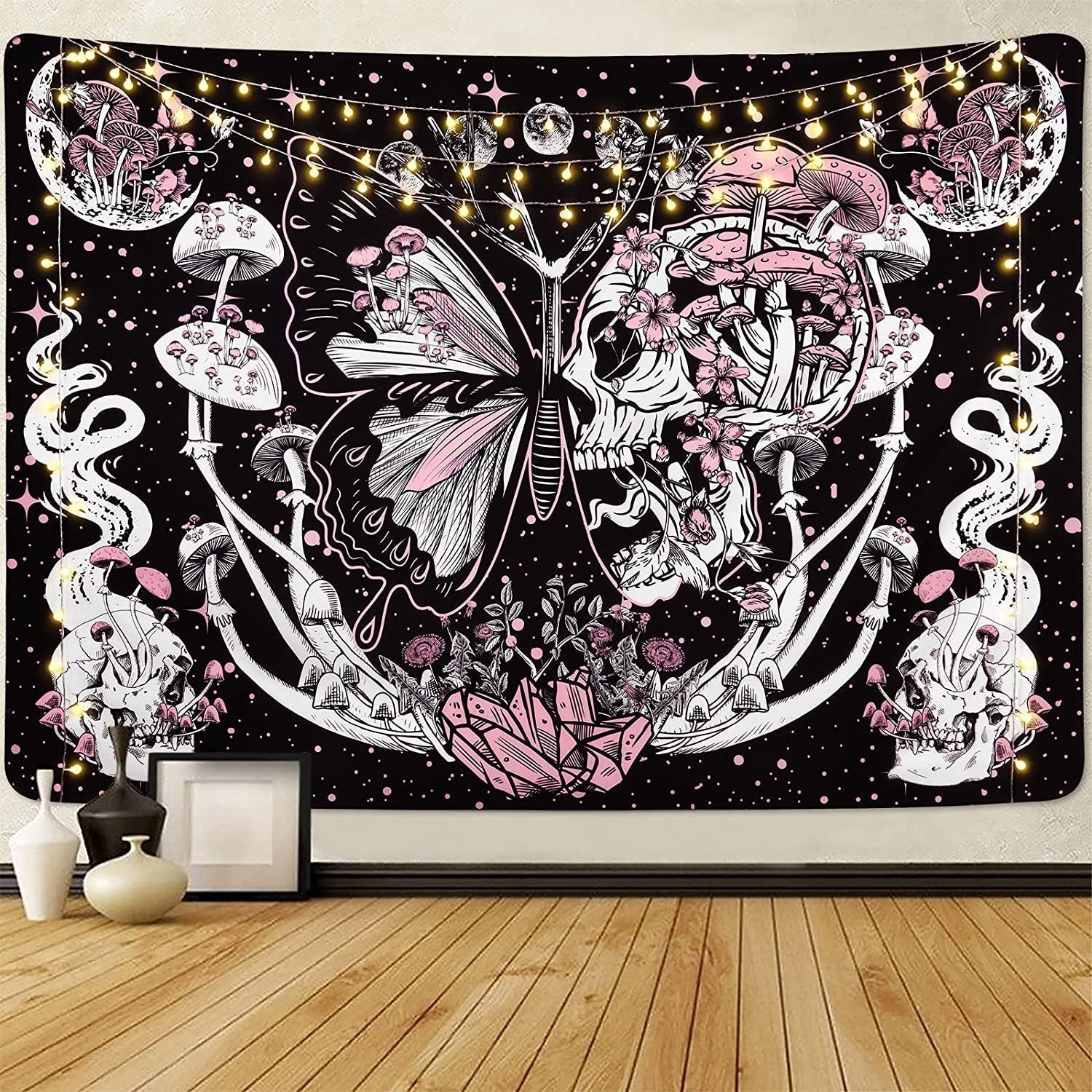 Gobelin yrendenge sommerfugle skelet svampe hus stjerner måne Hjem - Tilbehør og dekorationer Naty Shop Kraniet svampe møl 150X130Cm
