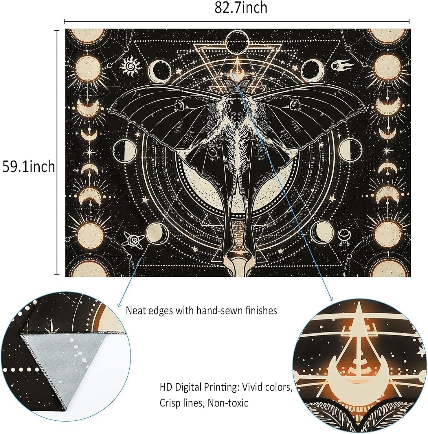 Tapestry yrendenge moth black sun moon natural Home - Accessories and Decorations Naty Shop