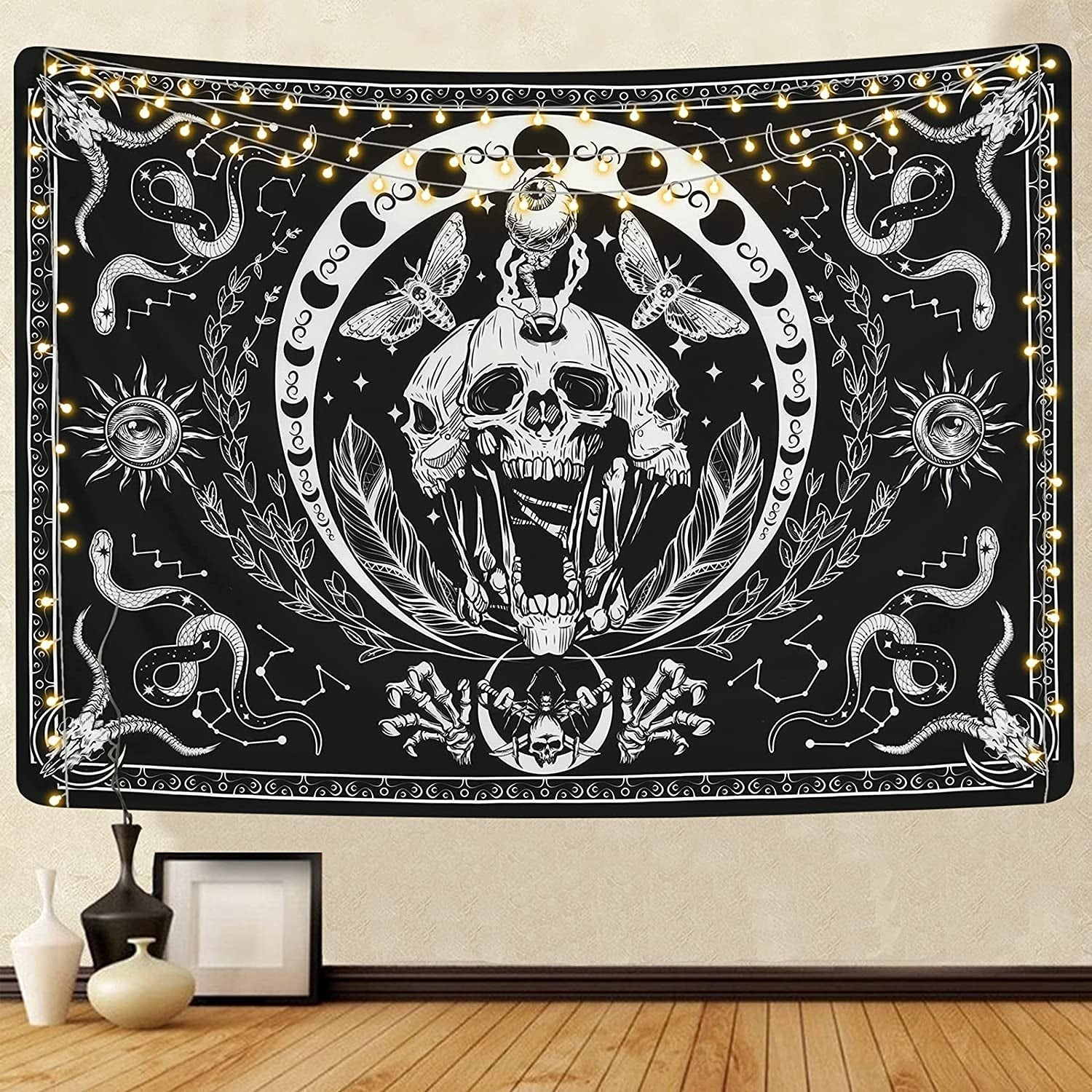 Tapestry yugarlibi skelet sort slangemøl æstetisk lærred Hjem - Tilbehør og dekorationer Naty Shop Sort 150L X 130B Cm