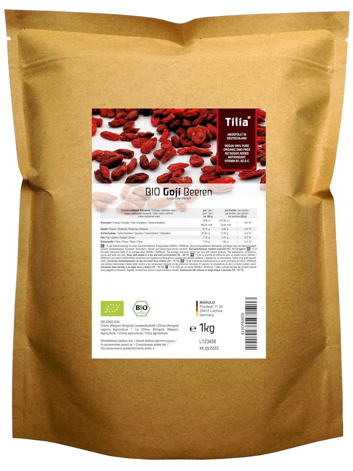 Tilia BIO Goji bær 1 kg Naty Shop dehydrerede produkter 1 kg (1 pakke)