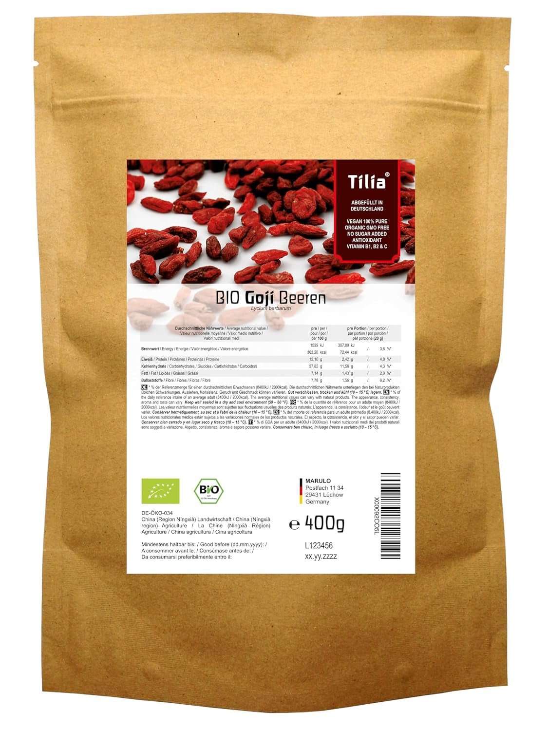 Tilia BIO Goji bær 1 kg Naty Shop dehydrerede produkter 400 G (1 pakke)