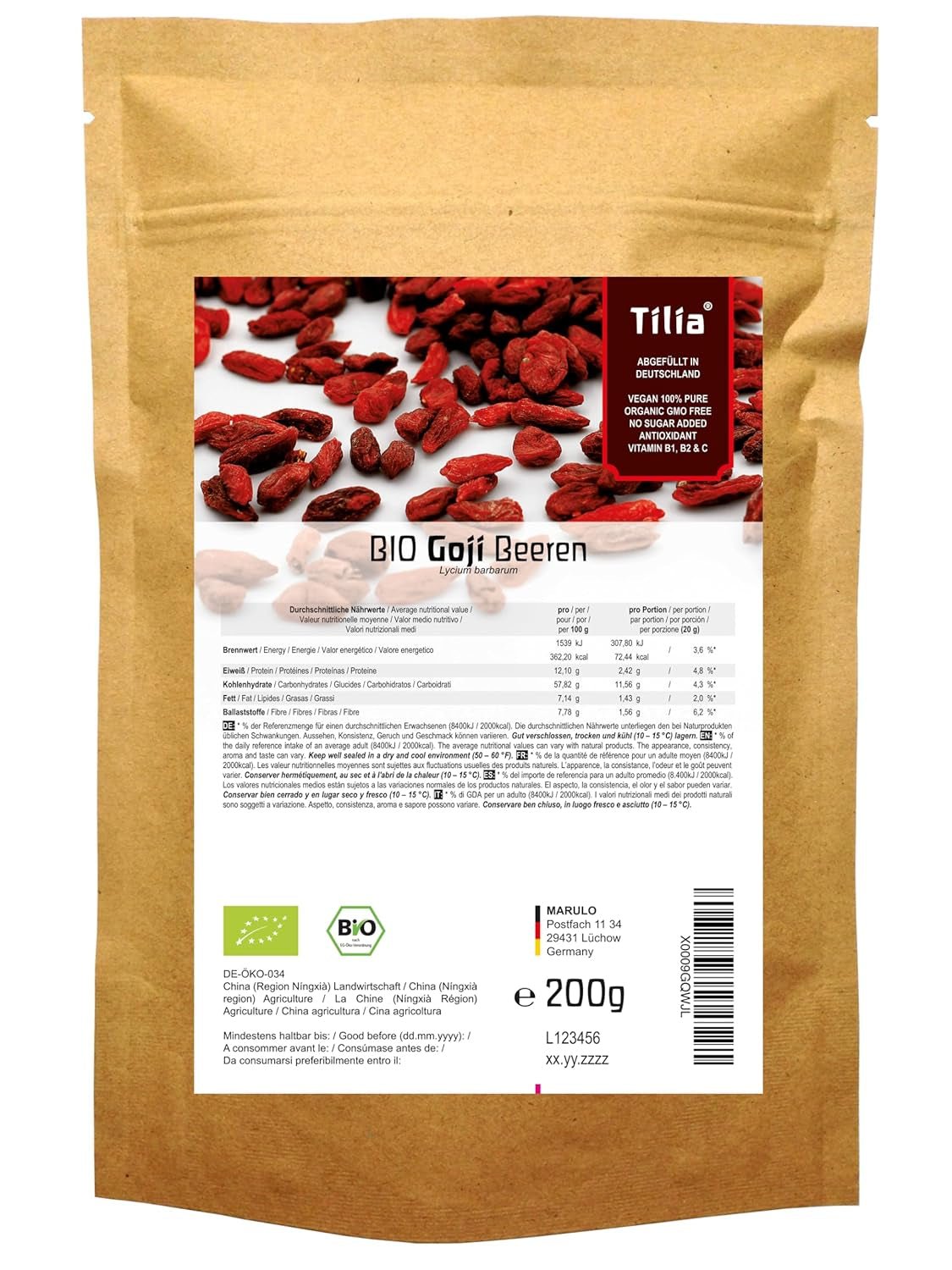 Tilia BIO Goji bær 1 kg Naty Shop dehydrerede produkter 200 G (1 pakke)