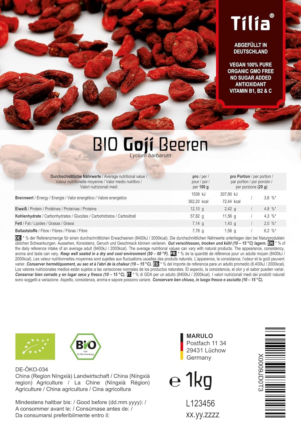 Tilia BIO Goji bær 1 kg Dehydrerede produkter Naty Shop