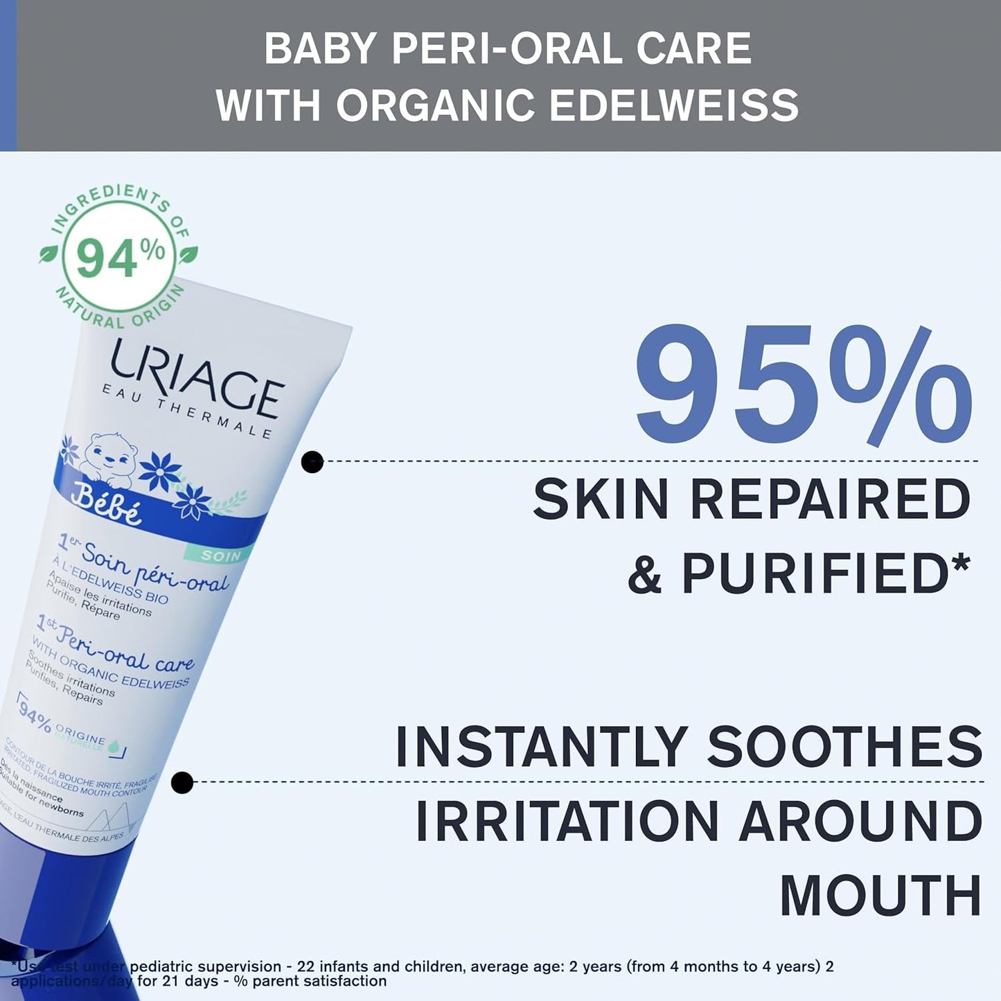 Uriage Baby Peri-Oral Care med økologisk ædle hvid & kobber-zink 30ml - Lindrer øjeblikkeligt irritationer - Reparerer og renser huden - Absorberes hurtigt - Duftfri - 94% ingredienser af naturlig oprindelse Børn - Bad og hudpleje Naty Shop