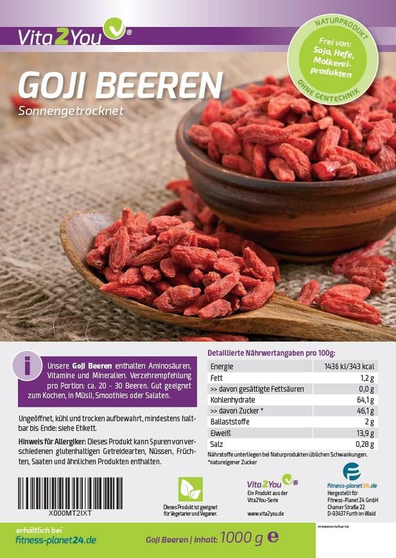 Vita2You Goji bær 1 kg - ulvebær - tørret i solen - usvovlet og uden tilsætningsstoffer - 1000g - lynlåspose - premium kvalitet Dehydrerede produkter Naty Shop