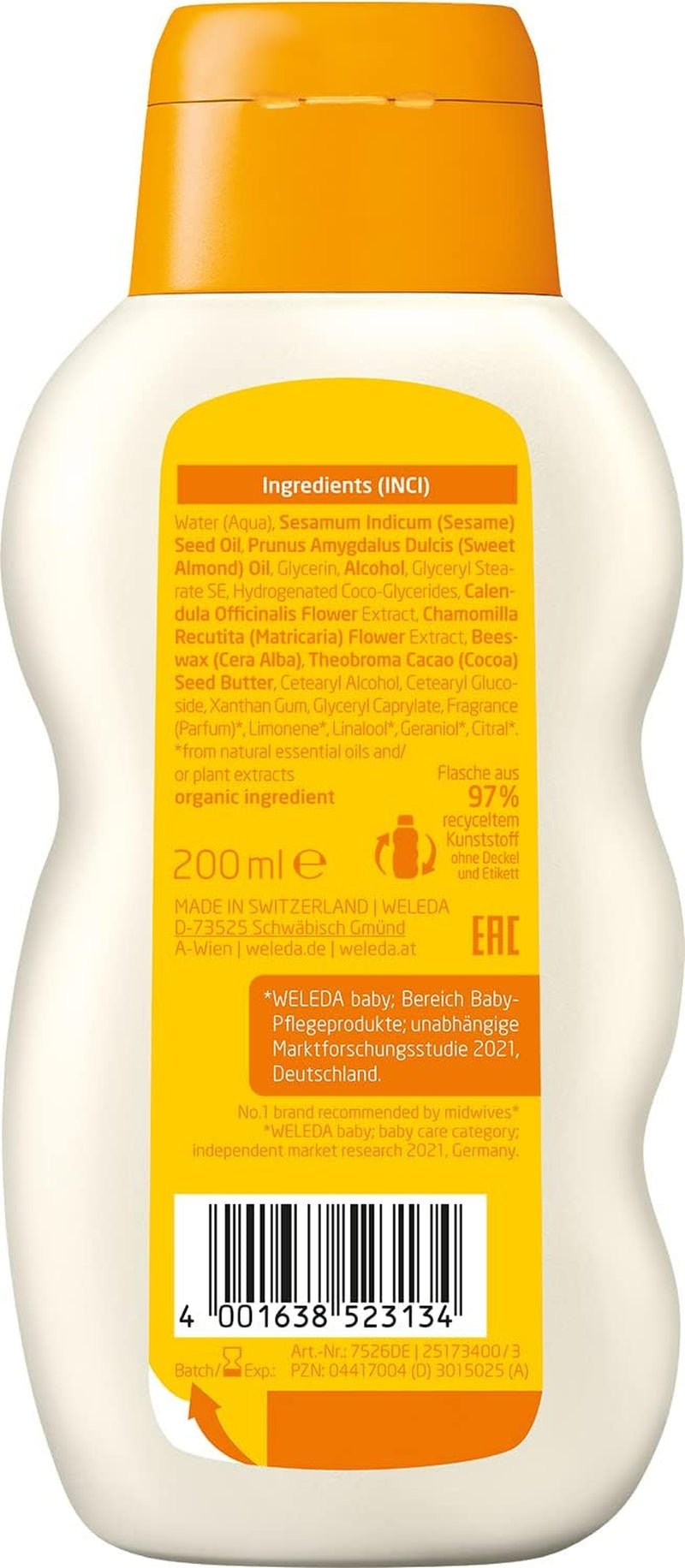 WELEDA Organic Baby Calendula Care Milk - Naturlig kosmetisk bodylotion med mandelolie og bivoks til pleje og rengøring af tør babyhud. Delikat hudpleje lotion til babyer og børn (1x 200ml) Børn - Bad og hudpleje Naty Shop
