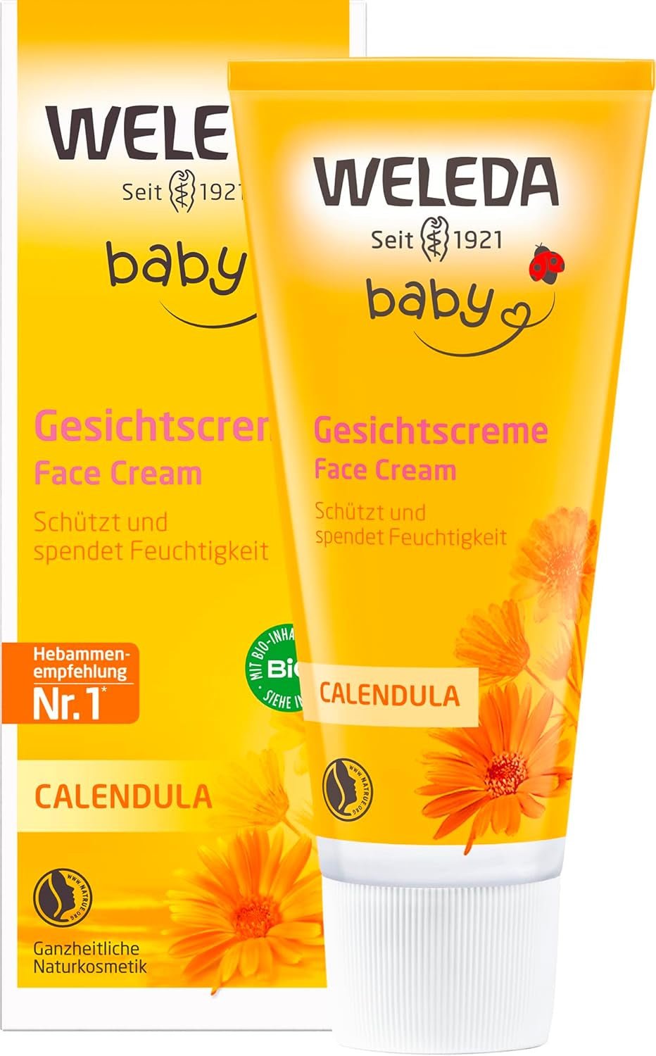 WELEDA Organic Baby Calendula Face Cream - Naturlig kosmetisk fugtighedscreme med mandelolie og bivoks til tør hudpleje. Naturlig ansigtsplejecreme til babyer og børn (1x 50ml) Børn - Bad og hudpleje Naty Shop Ansigtscreme 50 Ml (1 pakke)