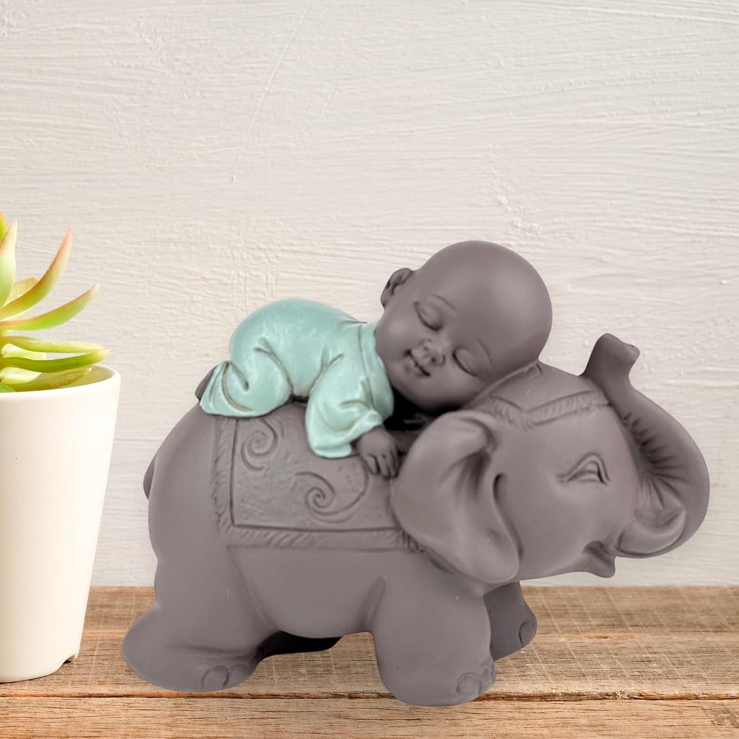 Zen'Light Statue Buddha Bonze Sleeping on Elephant - Zen-atmosfære i dit hellige rum - smuk lovende figur -H 9,5 cm, Brune og grønne statuetter og skulpturer Naty Shop