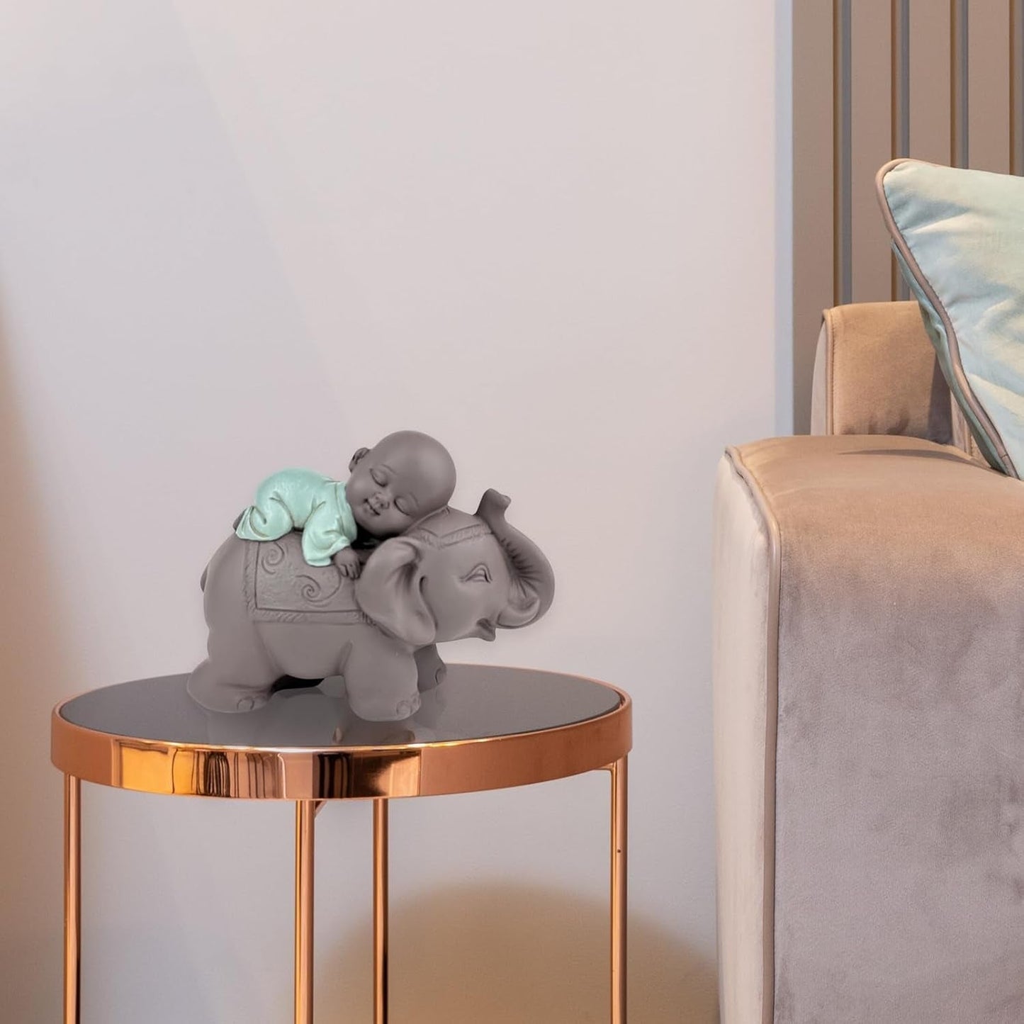 Zen'Light Statue Buddha Bonze Sleeping on Elephant - Zen-atmosfære i dit hellige rum - smuk lovende figur -H 9,5 cm, Brune og grønne statuetter og skulpturer Naty Shop