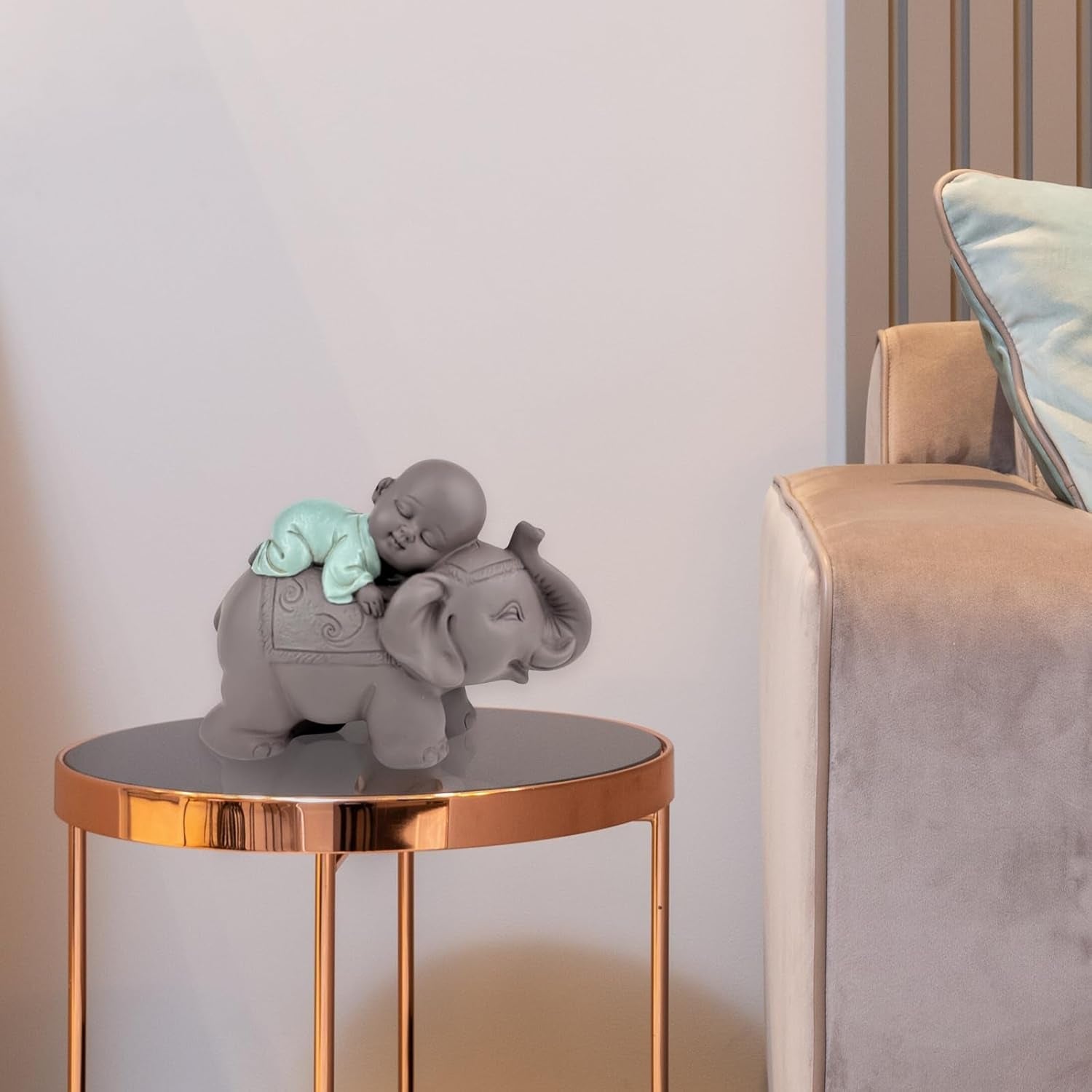 Zen'Light Statue Buddha Bonze Sleeping on Elephant - Zen-atmosfære i dit hellige rum - smuk lovende figur -H 9,5 cm, Brune og grønne statuetter og skulpturer Naty Shop
