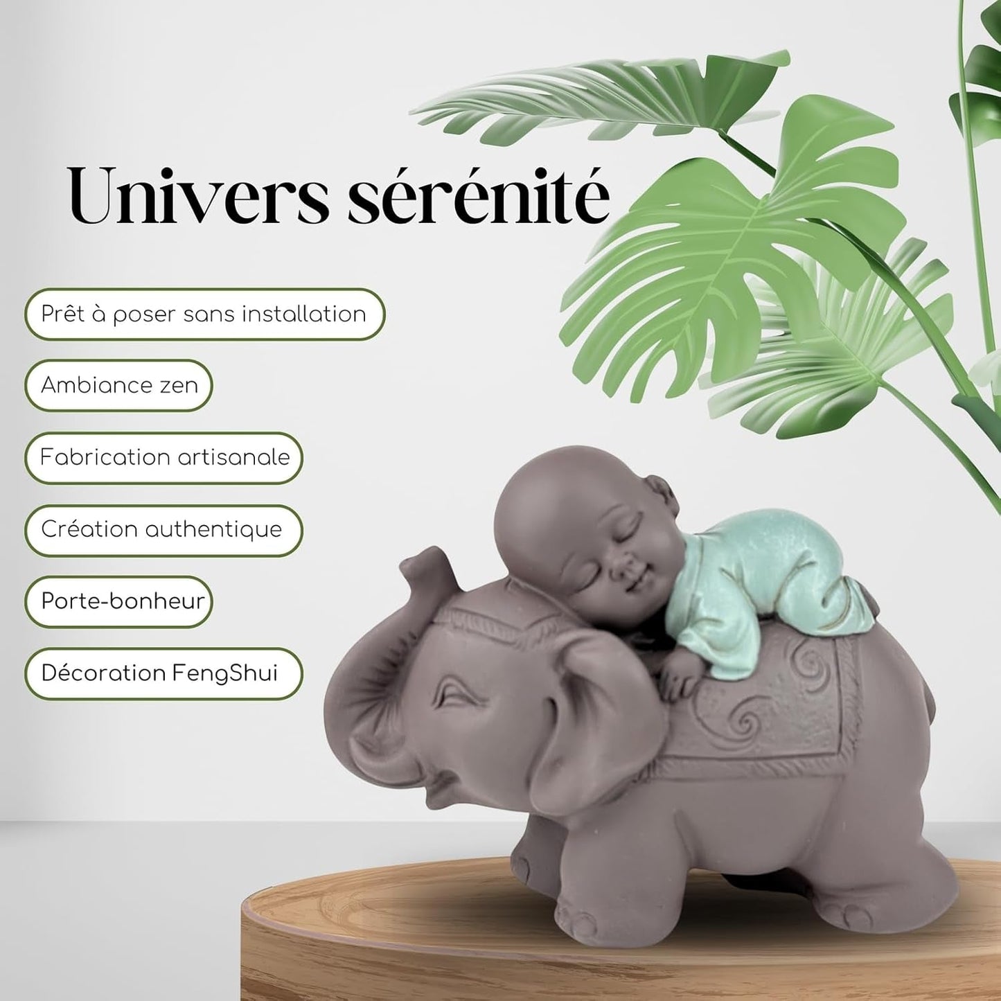 Zen'Light Statue Buddha Bonze Sleeping on Elephant - Zen-atmosfære i dit hellige rum - smuk lovende figur -H 9,5 cm, Brune og grønne statuetter og skulpturer Naty Shop