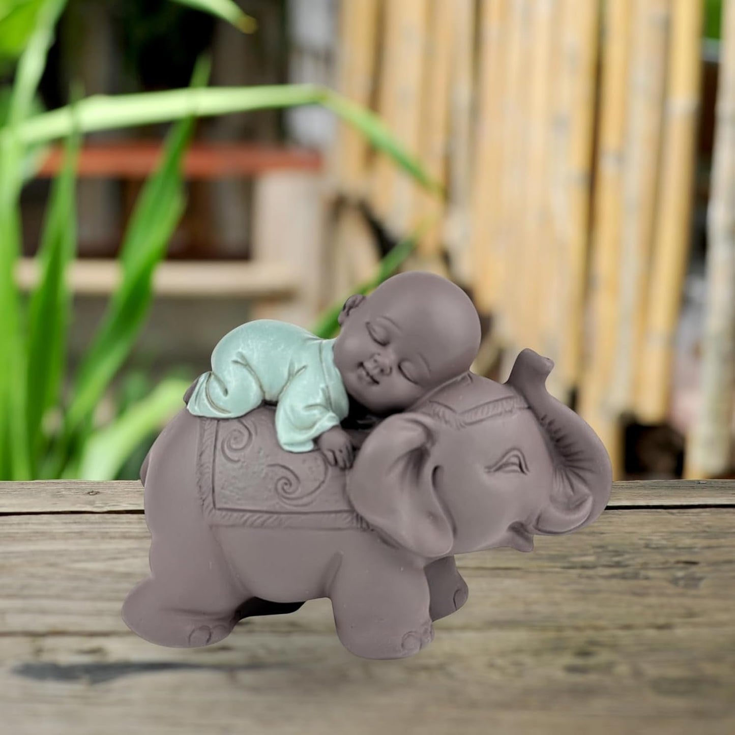 Zen'Light Statue Buddha Bonze Sleeping on Elephant - Zen-atmosfære i dit hellige rum - smuk lovende figur -H 9,5 cm, Brune og grønne statuetter og skulpturer Naty Shop