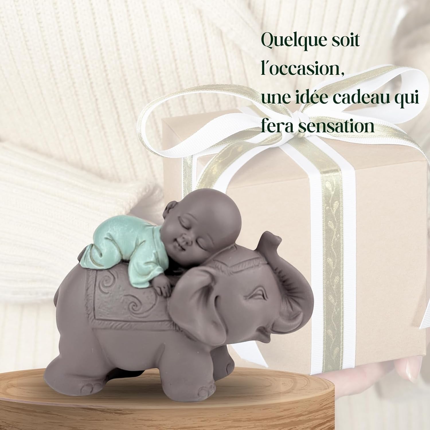 Zen'Light Statue Buddha Bonze Sleeping on Elephant - Zen-atmosfære i dit hellige rum - smuk lovende figur -H 9,5 cm, Brune og grønne statuetter og skulpturer Naty Shop