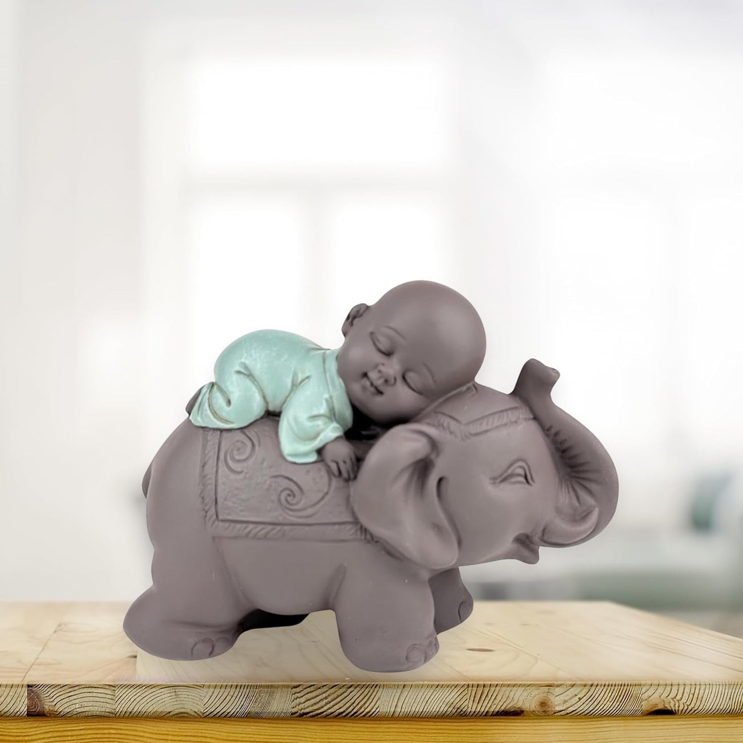 Zen'Light Statue Buddha Bonze Sleeping on Elephant - Zen-atmosfære i dit hellige rum - smuk lovende figur -H 9,5 cm, Brune og grønne statuetter og skulpturer Naty Shop