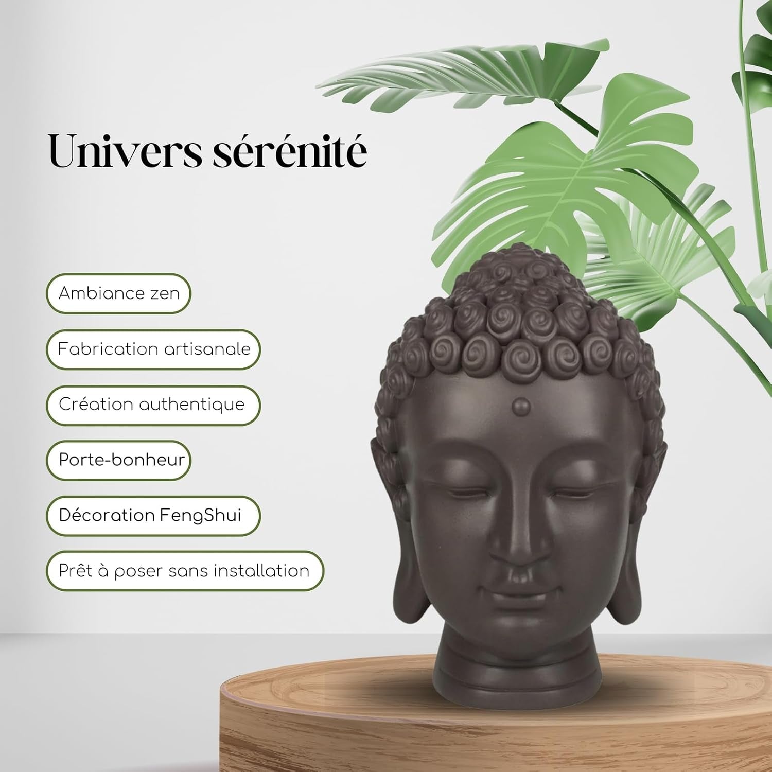 Zen'Light - Statuette med Buddha hoved - Dekoration til Zen, meditation og feng shui - Gave til en afslappende og spirituel atmosfære - Buddha statuette - Højde: 20 cm - Farve: grøn/brun Statuetter og skulpturer Naty Shop