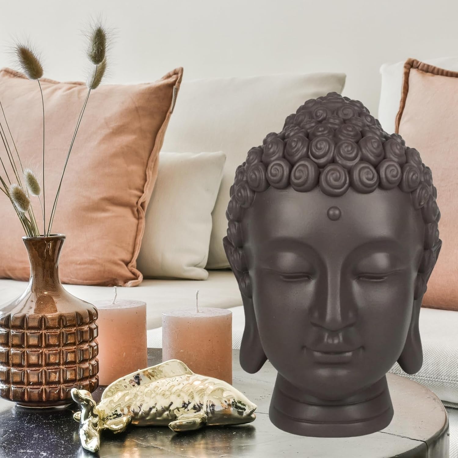 Zen'Light - Statuette med Buddha hoved - Dekoration til Zen, meditation og feng shui - Gave til en afslappende og spirituel atmosfære - Buddha statuette - Højde: 20 cm - Farve: grøn/brun Statuetter og skulpturer Naty Shop
