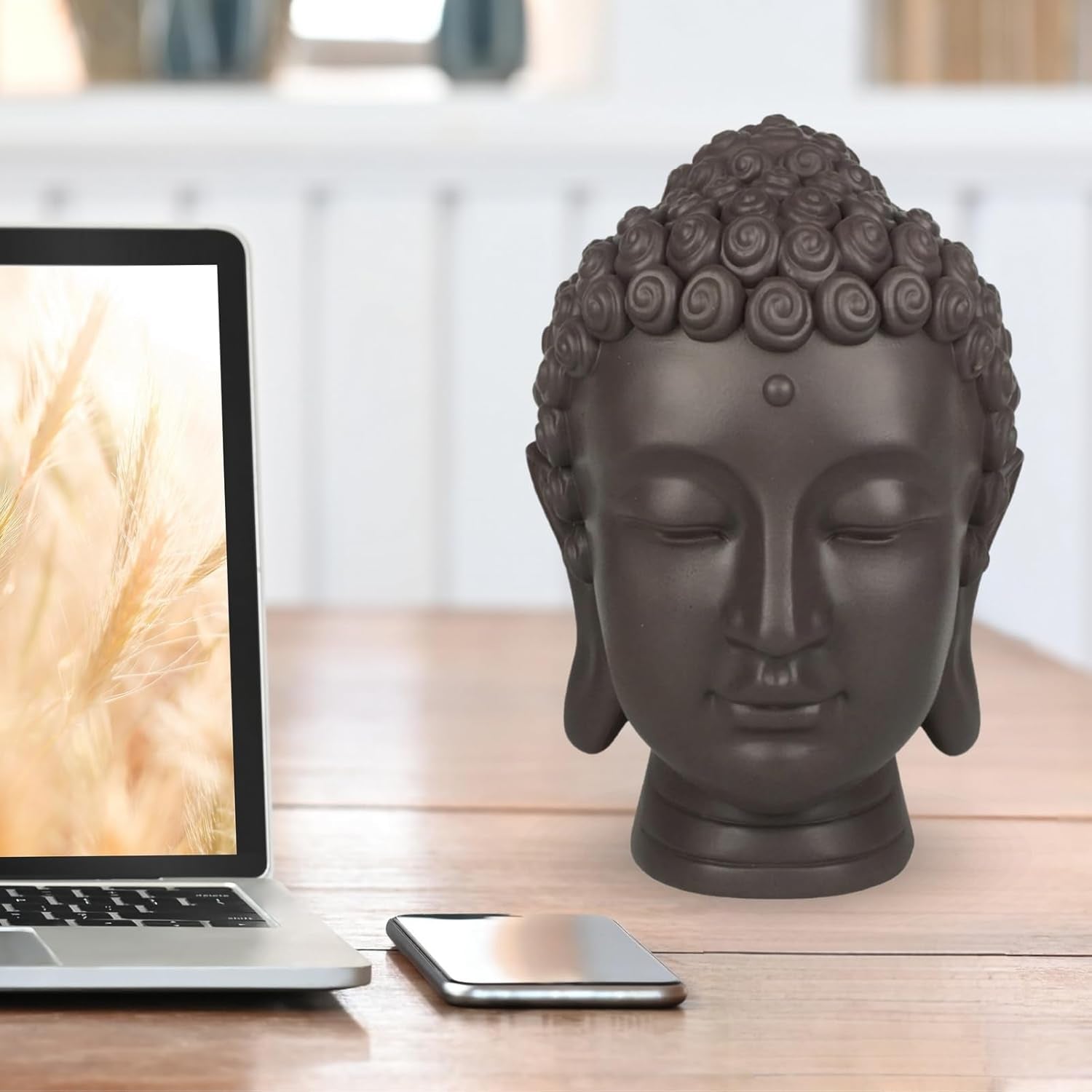 Zen'Light - Statuette med Buddha hoved - Dekoration til Zen, meditation og feng shui - Gave til en afslappende og spirituel atmosfære - Buddha statuette - Højde: 20 cm - Farve: grøn/brun Statuetter og skulpturer Naty Shop