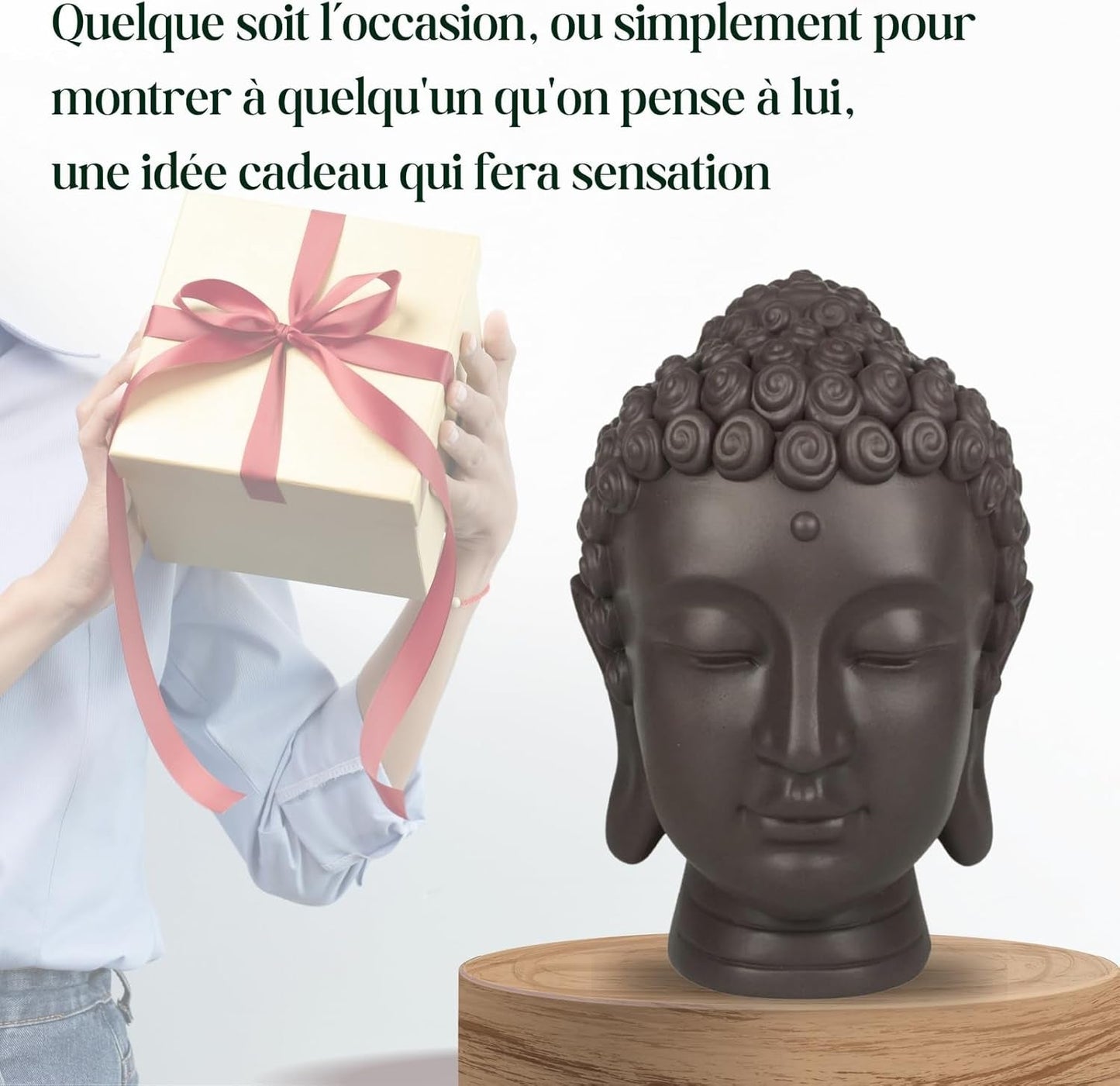 Zen'Light - Statuette med Buddha hoved - Dekoration til Zen, meditation og feng shui - Gave til en afslappende og spirituel atmosfære - Buddha statuette - Højde: 20 cm - Farve: grøn/brun Statuetter og skulpturer Naty Shop