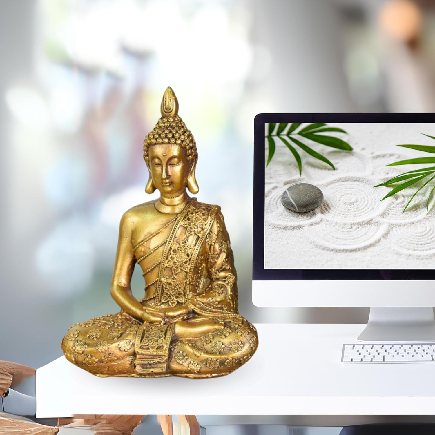 Zen'Light - Statuette med Buddha hoved Sanci - Dekoration til Zen, meditation og feng shui - Gave til en afslappende og spirituel atmosfære - Buddha statue - Højde: 18 cm - Farve: guld Statuetter og skulpturer Naty Shop